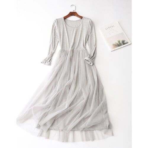 2018 Spring Autumn Women Lace Dress Modal Patchwork Mesh Dress Lady Long Sleeve Gauze Dresses Basic Sundress Party Vestidos A973