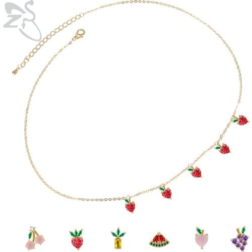 ZS 14K Gold Plated Fruits Basket Necklace For Women Girls Cute Summer Tropical Fruit Cherry Grape Apple Crystal Pendant Choker