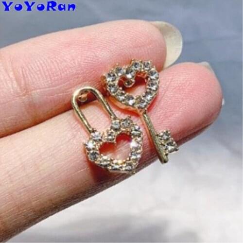 11 Pair crystal hollow out heart lock key asymmetric stud earrings for woman cute rhinestone openwork key earring jewelry gift