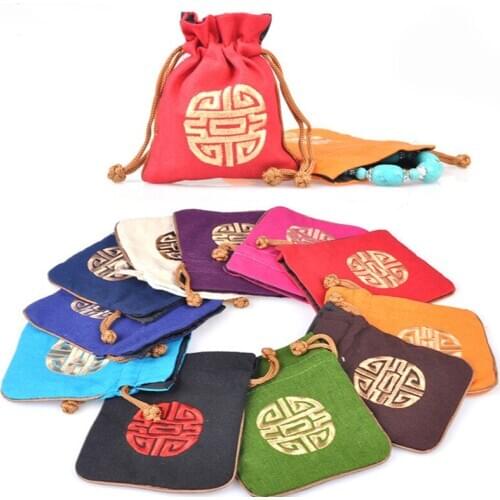 3pcs Small Drawstring Cotton Linen Cloth Bag Chinese Style Embroidered Gift Packaging Pouches Wedding Party Favor
