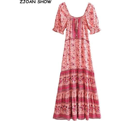 BOHO Bandage Adjust Collar Floral print Women Dress Holiday Tie Bow Sashes Short Sleeve off Shoulder Midi Dresses Beach