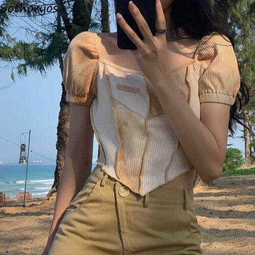 Women Short Puff Sleeve T-shirts Patchwork Irregular Design Chic Square Collar Crop Tops Hot Cool Color Contrast Fashion Teens