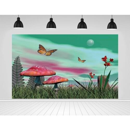 Scopiso Fairytale Wonderland Photographic Backdrops Butterfly Mushroom Grass Sky Room Decro Photography Background For Photozone