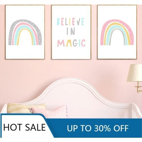 Colorful Rainbow Nursery Canvas Painting Print Believe In Magic Quotes Posters Pink Wall Art Decor Picture Kids Room Decor