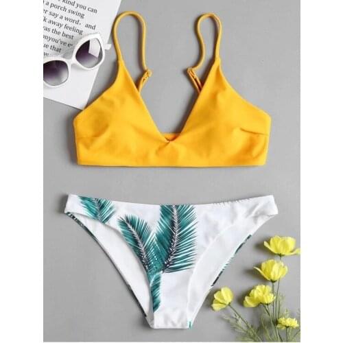 Sexy Swimwear Women Leaf Print Bikini Set Push-Up Padded Bathing Swimsuit Beachwear Spaghetti Straps Maillot De Bain Femme