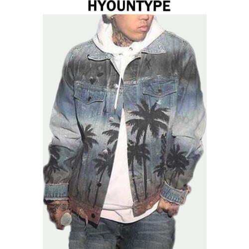 Hip Hop Denim Jacket Coat Autumn Fashion Mens Coconut Palm Printed Streetwear Destroyed Hole Jean High Street Outerwear Jackets
