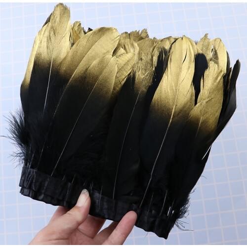 Gold Tips Goose feather trims Black feathers Ribbons Fringe 15-20cm/6-8 inch Wedding Dress Sewing Decorative feathers for crafts