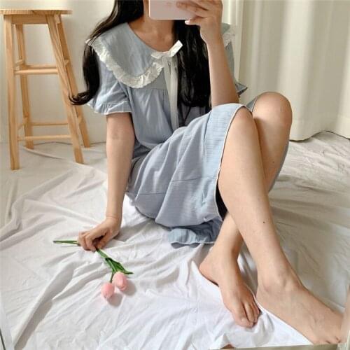 Summer Nightgown Blue Kawaii Peter Pan Collar Long Sleepwear Short Sleeve Casual Cotton Homewear Korean Sweet Soft Bow