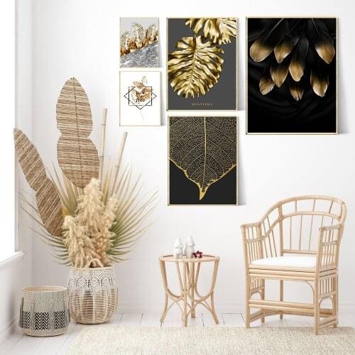 Gold Foil Leaf Flower Canvas Painting Monstera Plant Leaf Poster Home Decoration Painting Entrance Living Room Wall Art Pictures