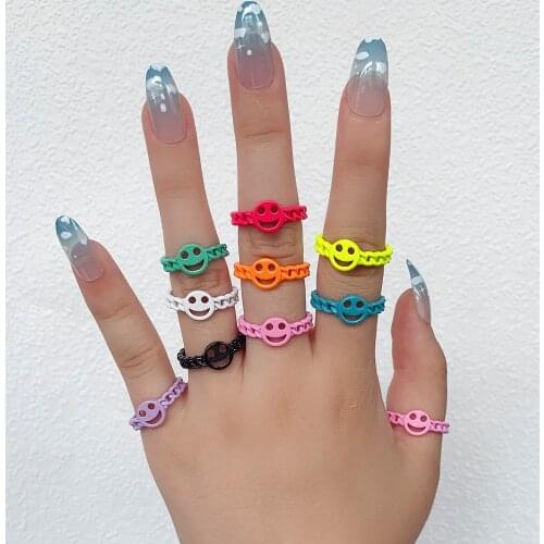 Lost Lady Fashion INS Colorful Ring Sweet and Cute Lady Smiley Ring Hollow Acrylic Jewelry Wholesale Direct Sales
