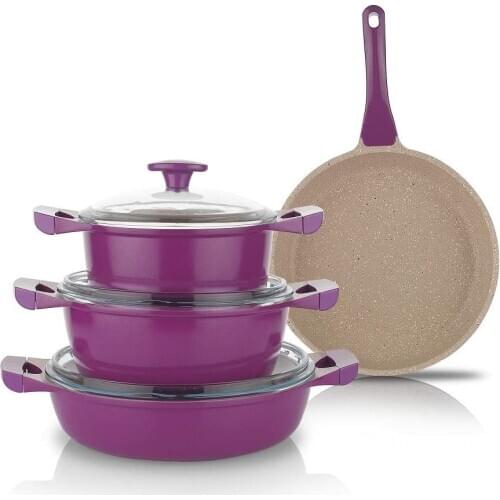 Schafer Grau Yamaz Nonstick Casting Cookware Set 7 Pieces Purple-20 cm Deep Pots 24 cm Deep Pots 28 cm Flat Cookware 28 cm Pan