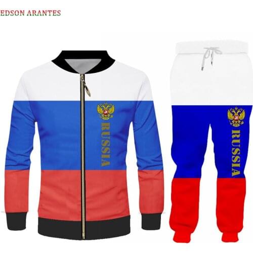 Novelty Russia Jacket Pants Tracksuit Outfits Men Women Russian Flag Zipper Hoodie Joggers 2pcs Set Unisex Custom Team Clothes