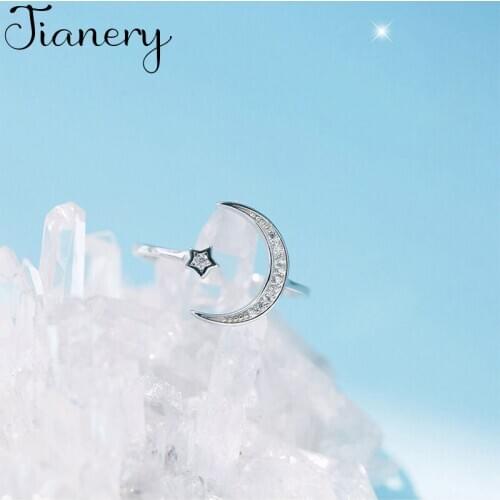 Luxury Brand Simple Zircon Moon Star Silver Color Rings For Women Girl Adjustable Size