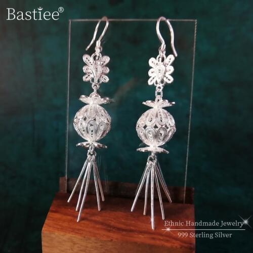 Bastiee Drop Tassel 999 Sterling Silver Earrings Women Earing Chinese Lantern Handmade Ethnic Jewelry Luxury Gift New Year