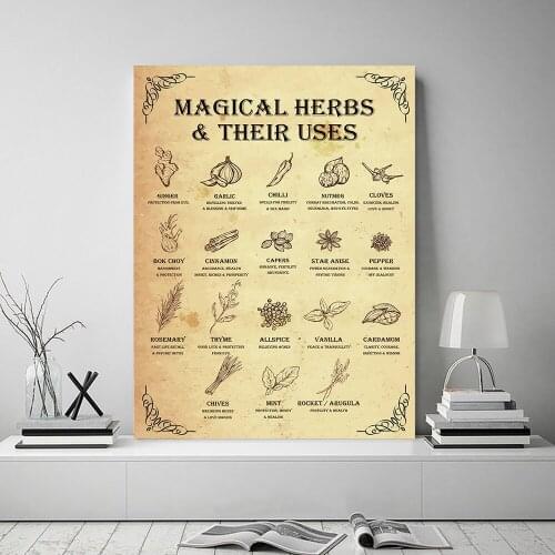 Magical Herbs and Their Uses Witchy Canvas Poster Witchcraft Kitchen Print Painting Vintage Art Pictures Pharmacy Wall Decor