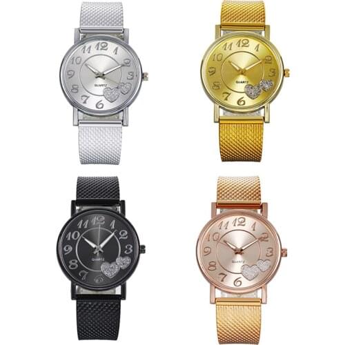 Ladies Silver Gold Mesh Love Heart Dial Watch Fashion Steel Quartz Watch Gift Clock Black Rose Gold women watch