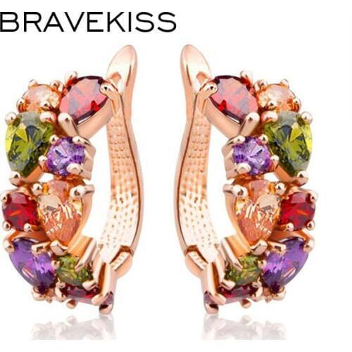 BRAVEKISS Colorful Water Drop AAA+ CZ Round Hoop Earrings Luxury Rhinestone Circle Pendientes Fashion Jewelry for Women BUE0452