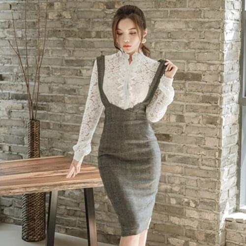 2021 New Arrival Spring Women 2 Piece Set Dress Fashion White Hollow Out Lace Blouse + Gray Vest Pencil Bodycon Dress Set