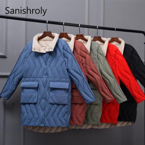 Sanishroly Autumn Winter Women Midi Long Coat Ladies Ultra Light Down Coat Parka White Duck Down Jacket Outwears Plus Size SE675