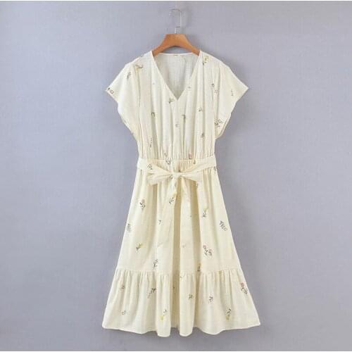 2021 New Summer Women Watermark Cotton linen Print Dress V Neck Short Sleeve With Belt