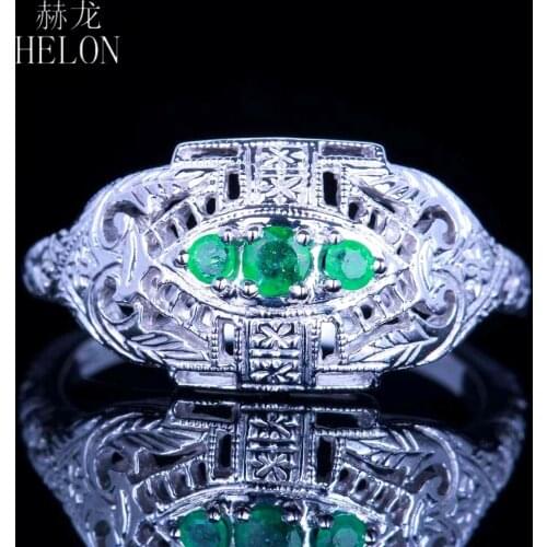 HELON Solid 14k White gold AU585 0.2ct Green Treated Emerald Vintage Antique Engagement Wedding Ring Women Trendy Fine Jewelry