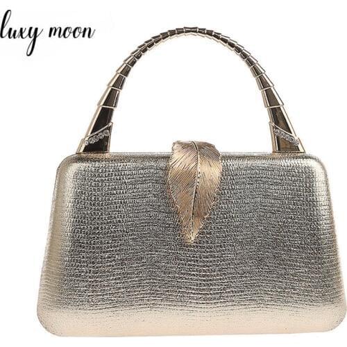Gold Clutch Bag Women PU Leather Handbag with Handle Metal Leaf Lock Party Wedding Purse Mini Shoulder Messenger Bag ZD1347