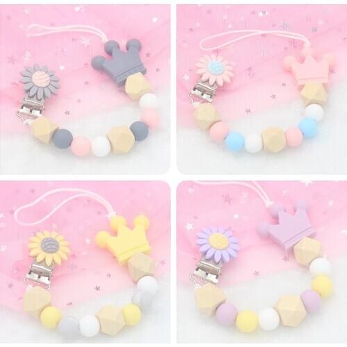 1pcs Pink Silicone Baby Nipple Clip Pacifier Clips Crochet Beads Silicone Crown Pacifier Chain Dummy Holder Baby Shower Gift