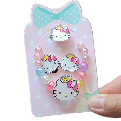 4pcs Sanrio Hello Kitty Childrens Bracelet Ring Ear Clips Girls Jewelry Princess Earrings Girls Baby Cartoon Earrings Jewelry