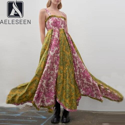 AELESEEN Runway Fashion Summer Dress 2021 Designer New Spaghetti Strap Ruffles Flower Print Patchwork Long Party Dress