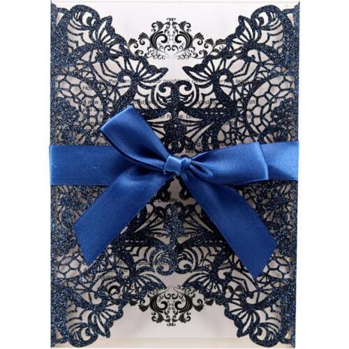 Glittery blue invitation wedding card luxury bling bling laser cut party invite lace decorated offer customized printing 50pcs