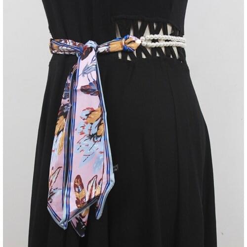 Long Adjustable Silk Scarf Pearl Waist Belt Bohemian Pearl Ribbon Self-tie Bow Waistband Jean Pant Dress Belt Cummerbund Girdle