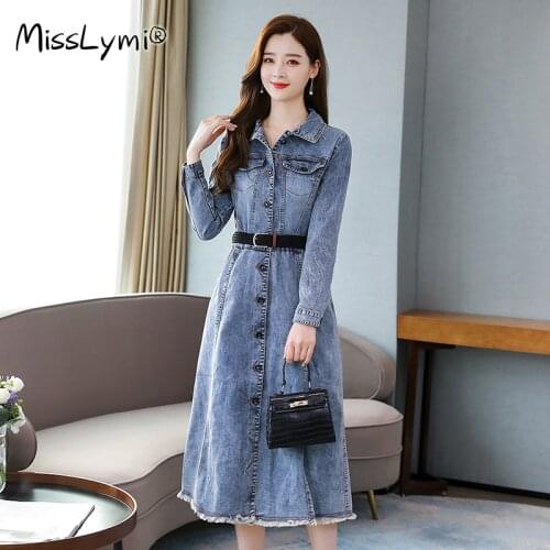 Jean Long Dress for Ladies Autumn 2020 Fashion Turn-down Collar Long Sleeve Single-breasted Tassel Denim Shirt Dresses Elegant