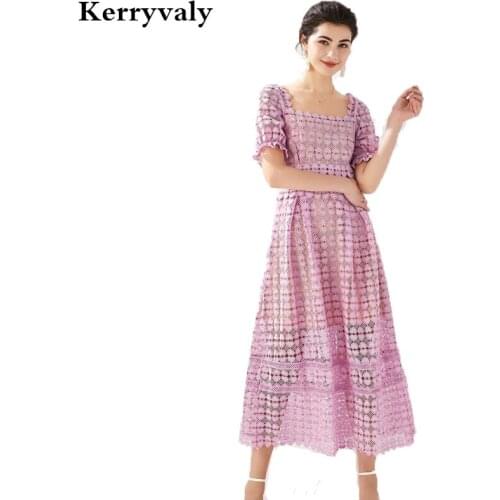 French Purple Water Soluble Lace Sexy Dress Robe Femme T 2021 Summer Square Collar Heart-Shaped Midi Party Dress K297