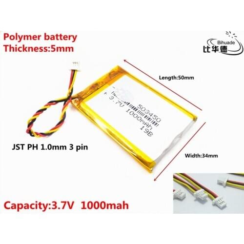JST PH 1.0mm 3 pin Good Qulity 3.7V,1000mAH 503450 Polymer lithium ion / Li-ion battery for tablet pc BANK,GPS,mp3,mp4