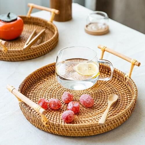 Handmade Fruit Basket Tea Tray Rattan Weaving Bread Storage Organizer For Kitchen Food Picnic Container Rattan Tray Round Decor