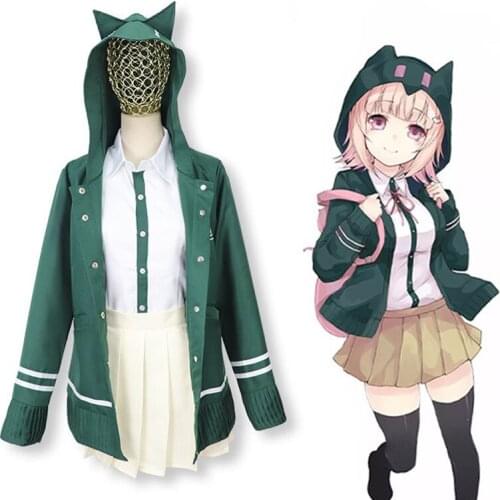 DanganRonpa 2 Super Chiaki Nanami Cosplay Costume Anime High School Students Uniform Ears Green Jacket+ Shirt+ Pleated Skirt