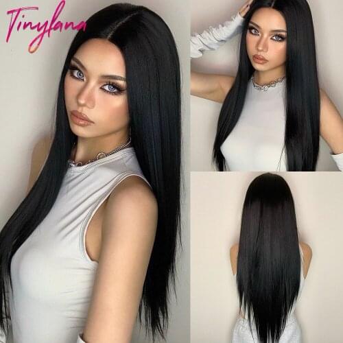 TINY LANA Long Straight Middle Part Synthetic Lace Front Wigs with Baby Hair Pure Black Heat Resistant Wigs for Black Women Afro