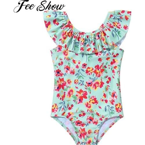 Infant Baby Girls One-piece Swimwear Swimming Suit Swimsuit Ruffled Open Back Bowknot Floral Print Leotard Beach Bathing Suits