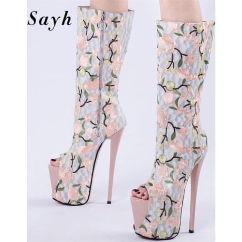 Fashion Winter Woman Boots Peep Toe Boots Mid Calf Boots High Heels Boots Boots Retro Embroidery Shoes ethnic style