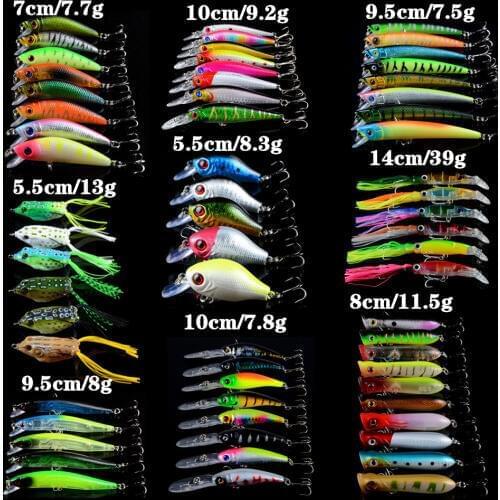 64pcs/lot Fishing Bait Set Mixed 9 Models Hard Baits Artificial High Quality 64 Colors Bass Crankbait Wobblers Fishing Tackle