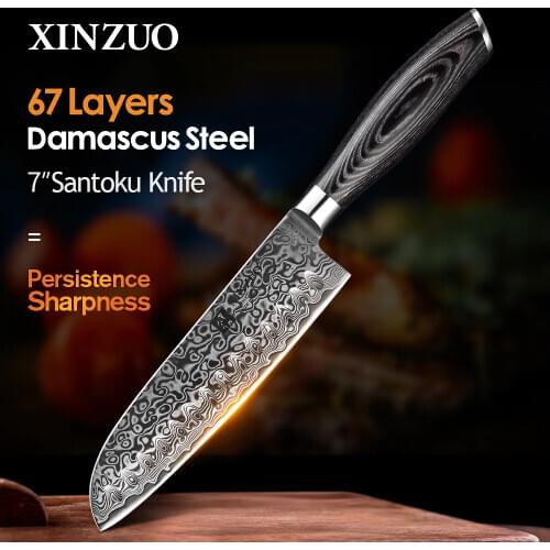 XINZUO 7" inch Santoku Knife Japanese Damascus Kitchen Knife High Carbon Stainless Steel Gyuto Knife Cook Chef Pakkawood Handle