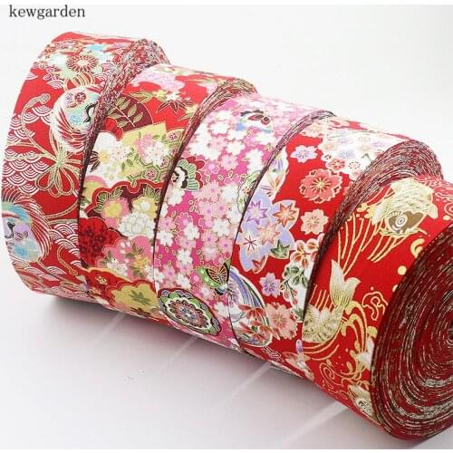 Kewgarden 10mm 3/8" Outline in Gold Cotton Satin Layering Cloth Ribbons Handmade Cotton Ribbon DIY Bowtie Tape Riband 10m/lot
