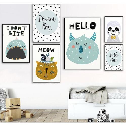 Nordic Nursery Wall Art Cartoon Monster Panda Canvas Poster Painting Pictures Dream Big Quote Print Kid Baby Room Decoration