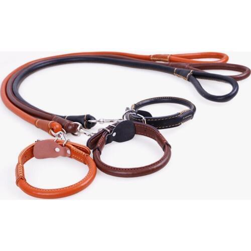 Genuine Leather Medium Large Dog Rope Leash Dog Collar P chain Lock Buckle Strong Cowhide Rope Super Pull Tight Stitching Golden