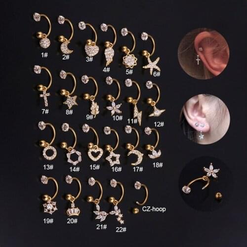 Creative Stainless Steel C Shape Star Moon Stud Earring Women CZ Zircon Heart Crown Jesus Cross Earring Women Jewelry HS-64