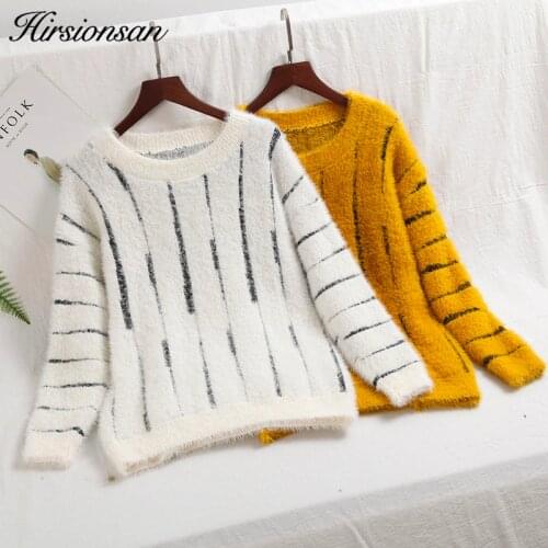 Hirsionsan Sweater Women 2018 New Winter Autumn Mink Cashmere Pullovers Casual O Neck Vertical jumpers Soft Warm Pull Femme
