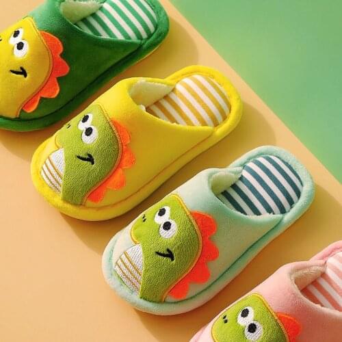 Unisex Kids Cotton Slippers Cartoon Dinosaur Children House Slippers Indoor for Boys Girls Fashion Warm Size 24-35 Floor Shoes