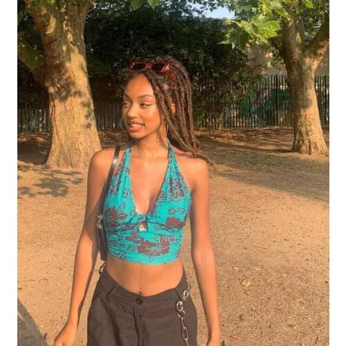 Women Halter Crop Tank Tops with Floral Pattern, Bohemian Sleeveless Floral Print Tie Knot Front Cutout Camisole