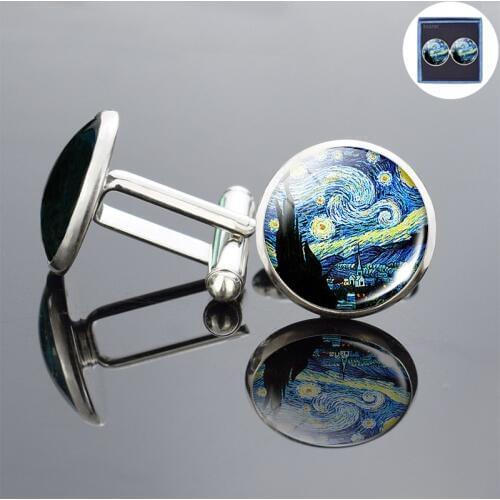 Van Gogh SilverColour Cufflinks Starry Night Handmade Oil Painting Glass Cabochon Cufflinks Men Women Christmas Gift