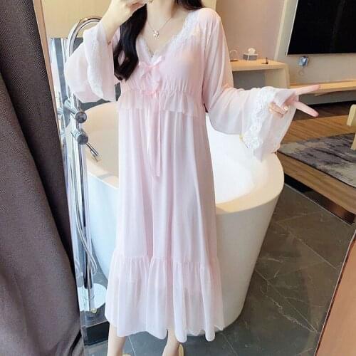 Ladies Sexy V-Neck Mesh Nightgown Spring Autumn New Long Nightdress Sweet Lace Bow Trim Home Dress With Bra Intimate Sleepwear